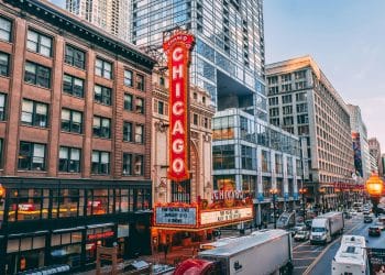 The iconic Chicago Theater sign in downtown Chicago, symbolizing the hometown pride of the Best DePaul Basketball Players.
