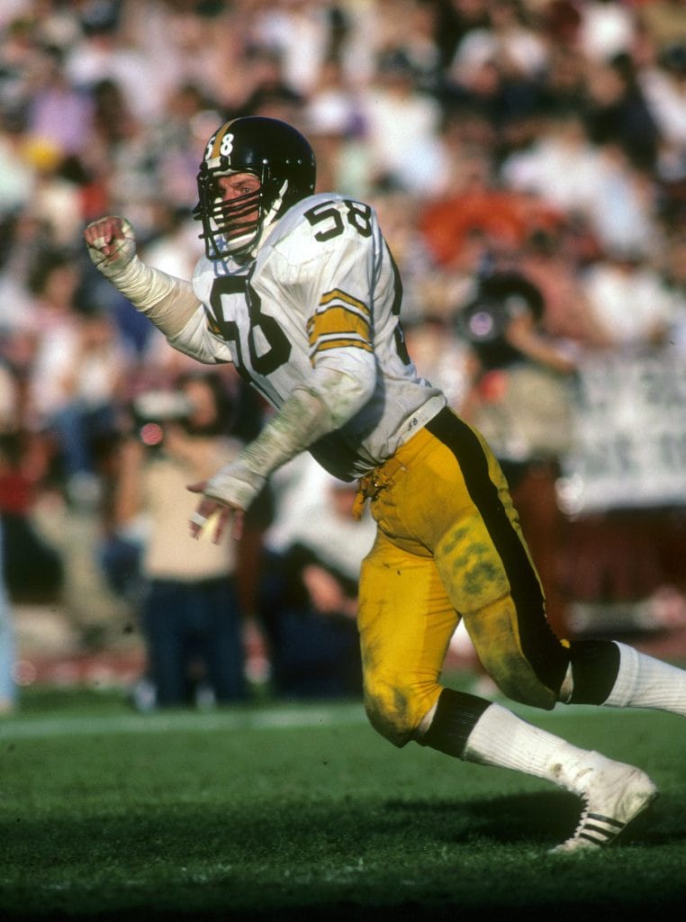 Jack Lambert of the Pittsburgh Steelers is on field during a game.