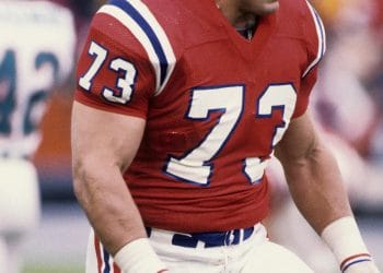 John Hannah of the New England Patriots looking strong as an ox representing the Top 10 White Right Guards of All Time.