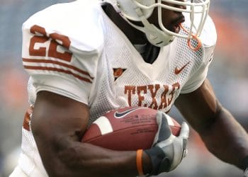 Top 10 College Football Uniforms featuring a Texas Longhorns player in a classic white and burnt orange uniform, showcasing iconic college football style.