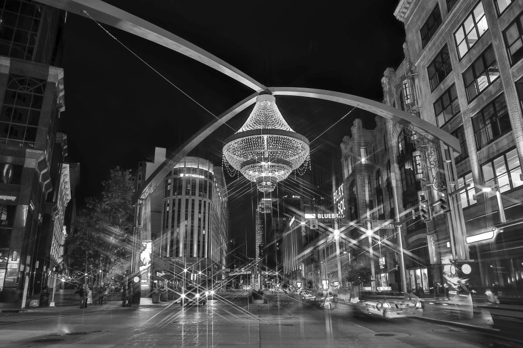 Nighttime view of Cleveland’s Playhouse Square chandelier, celebrating the city that produced the Browns 10 Best Players of All Time.