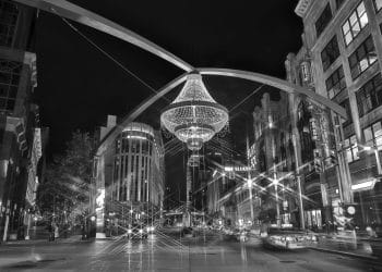Nighttime view of Cleveland’s Playhouse Square chandelier, celebrating the city that produced the Browns 10 Best Players of All Time.