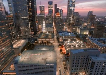 Aerial view of the Houston skyline at dusk, celebrating the city and the legacy of the Houston Oilers 10 Best Players who shaped its football history.