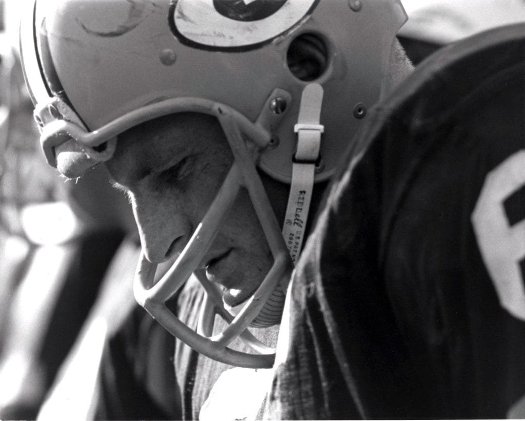 Ray Nitschke, Green Bay Packers linebacker, close-up shot on the sideline during a game.