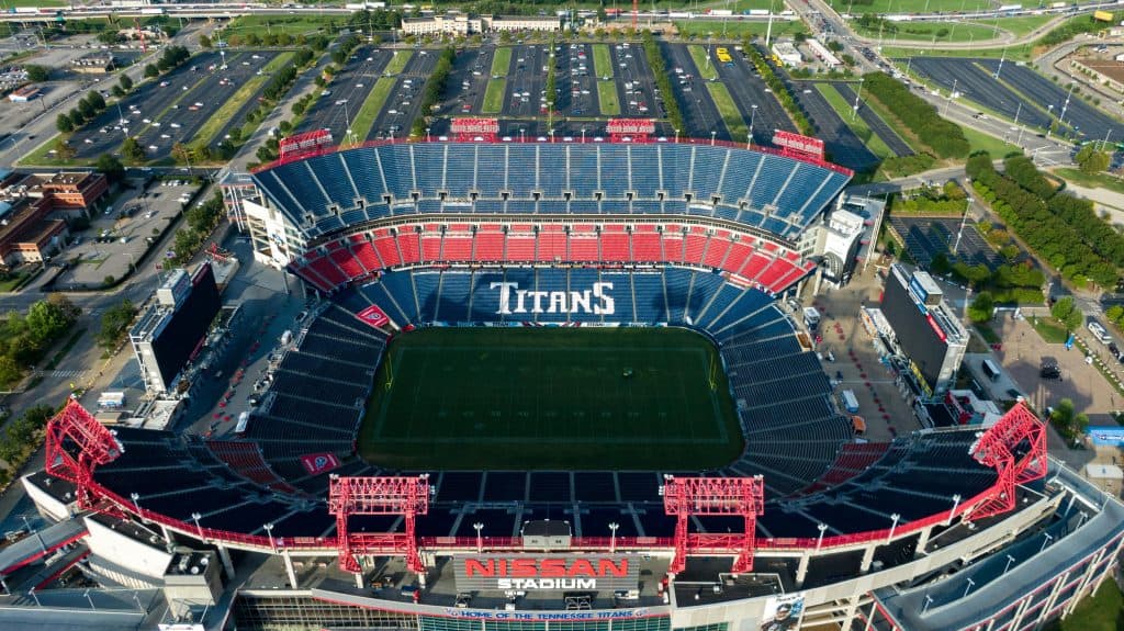 Aerial view of Nissan Stadium, home of the Tennessee Titans, celebrating the Titans 11 Best Players of All Time who shaped the team’s legacy.
