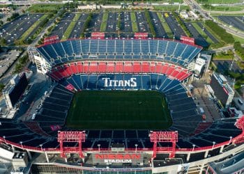 Aerial view of Nissan Stadium, home of the Tennessee Titans, celebrating the Titans 11 Best Players of All Time who shaped the team’s legacy.