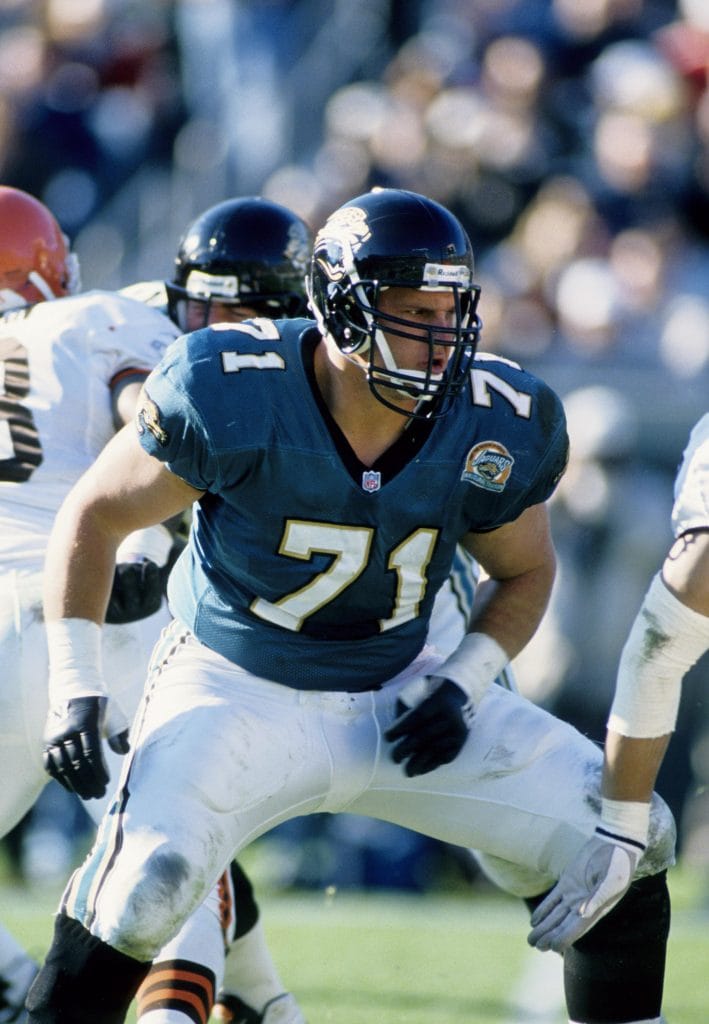 Tony Boselli, Jacksonville Jaguars offensive lineman, defending against a pass rush.