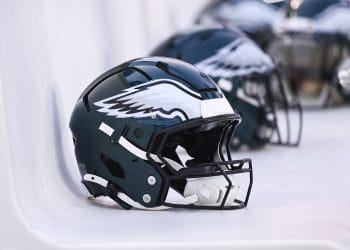LIne of Philadelphia Eagles helmets representing the Top 10 Philadelphia Eagles Players of All Time.