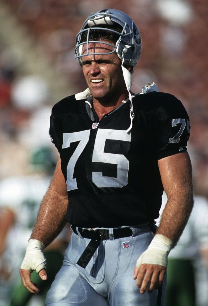 Howie Long, defensive end for the Raiders, standing on the field ready for action during a game.