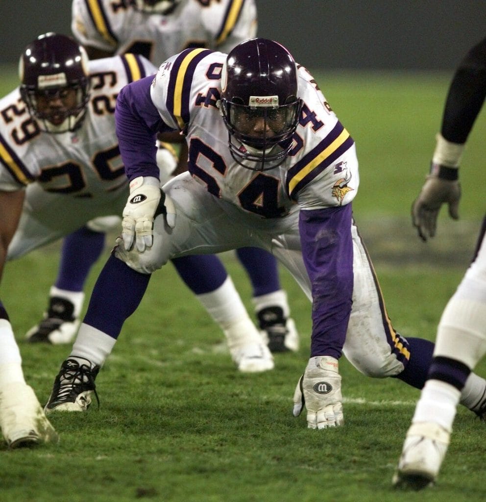 Randall McDaniel in his signature stance, ready for action during a Minnesota Vikings game.