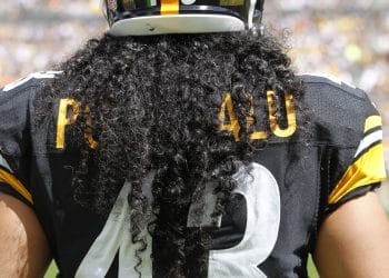 Troy Polamalu of the Pittsburgh Steelers, viewed from behind with his iconic No. 43 jersey and flowing hair.