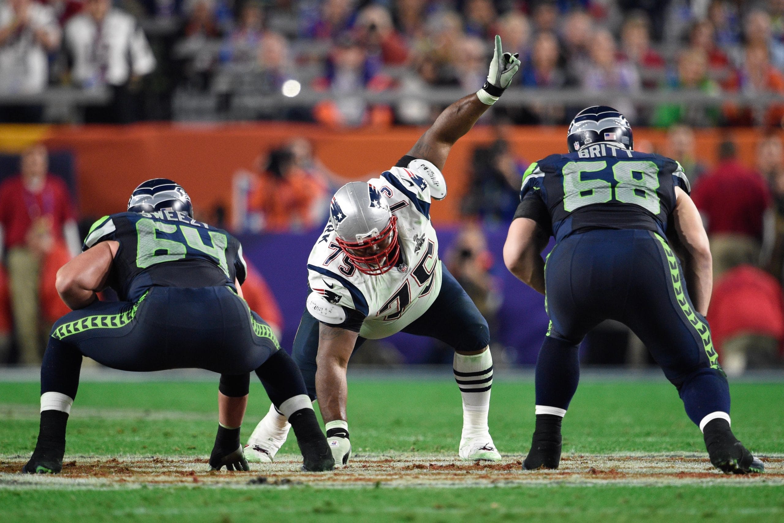 Vince Wilfork of the New England Patriots lining up against the Seattle Seahawks during the Super Bowl.