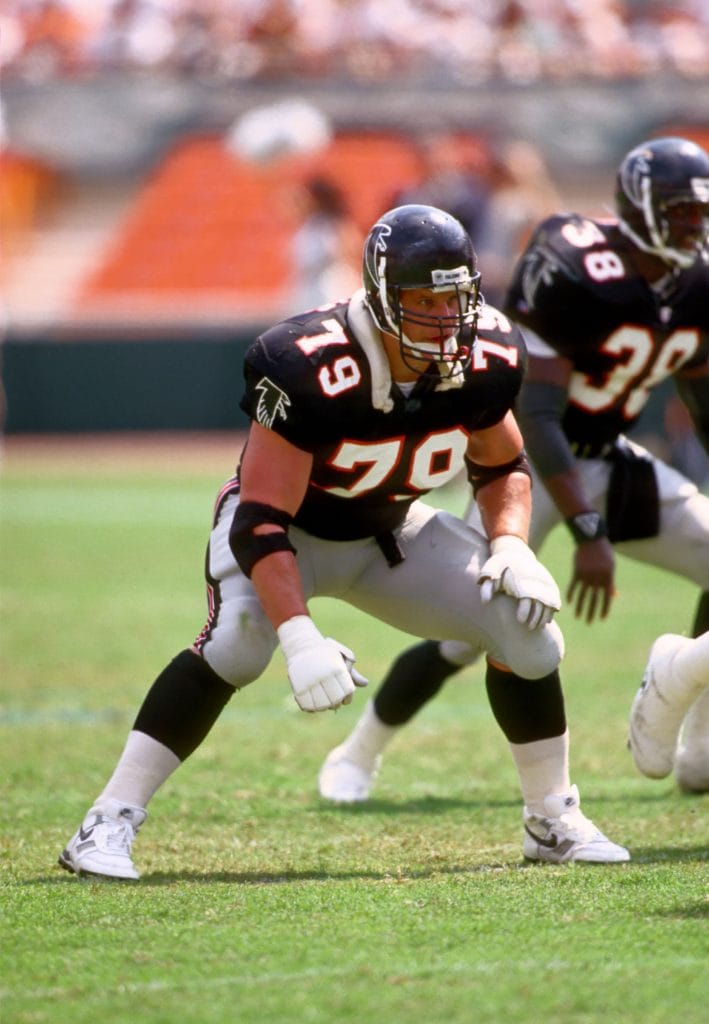 Bill Fralic of the Atlanta Falcons in action, remembered as one of the best white left guards in NFL history.