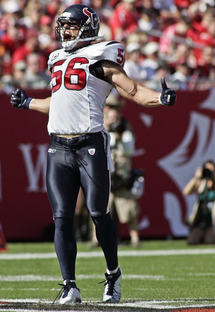 November 13, 2011; Houston Texans linebacker Brian Cushing (56) reacts after sacking Tampa Bay Buccaneers quarterback Josh Freeman during a game at Raymond James Stadium.