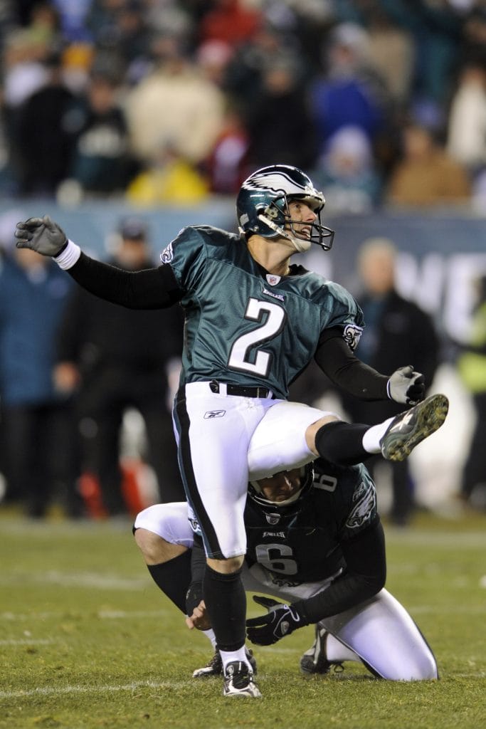 David Akers of the Philadelphia Eagles kicking a field goal during an NFL game.