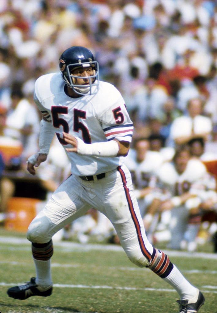 Doug Buffone in action during a game in his Chicago Bears uniform, ready to make a play.