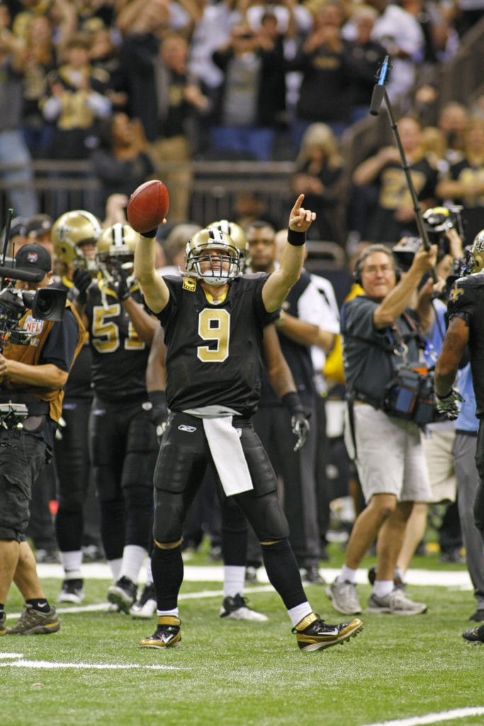 New Orleans Saints quarterback Drew Brees celebrates a touchdown during a game at the Superdome.