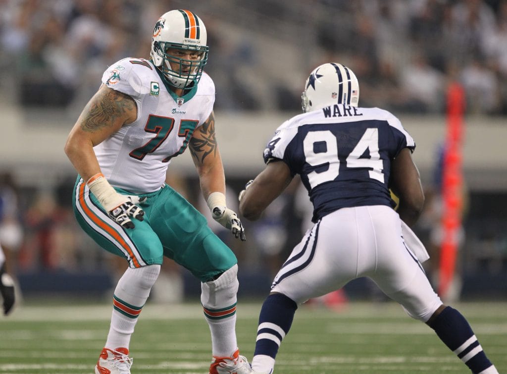 Jake Long in pass protection for the Miami Dolphins during an NFL matchup.