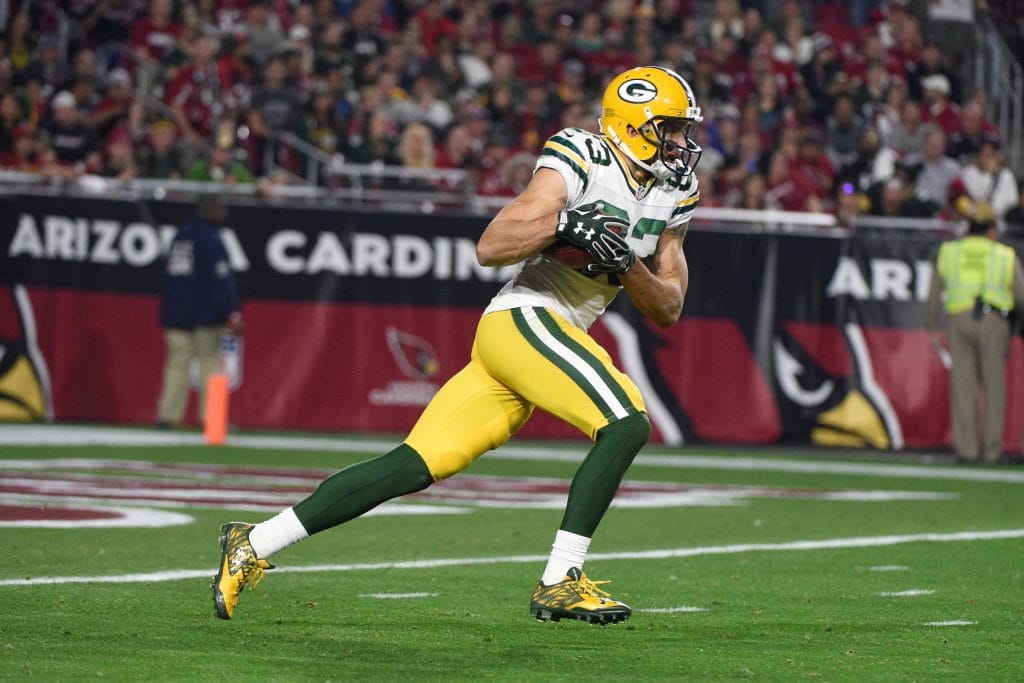 Jeff Janis catching a pass in his Green Bay Packers uniform during a game against the Arizona Cardinals.