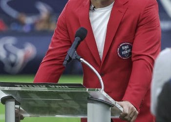 J.J. Watt speaking at the Houston Texans' Ring of Honor ceremony, honoring one of the Top 10 White Edge Rushers of All Time.