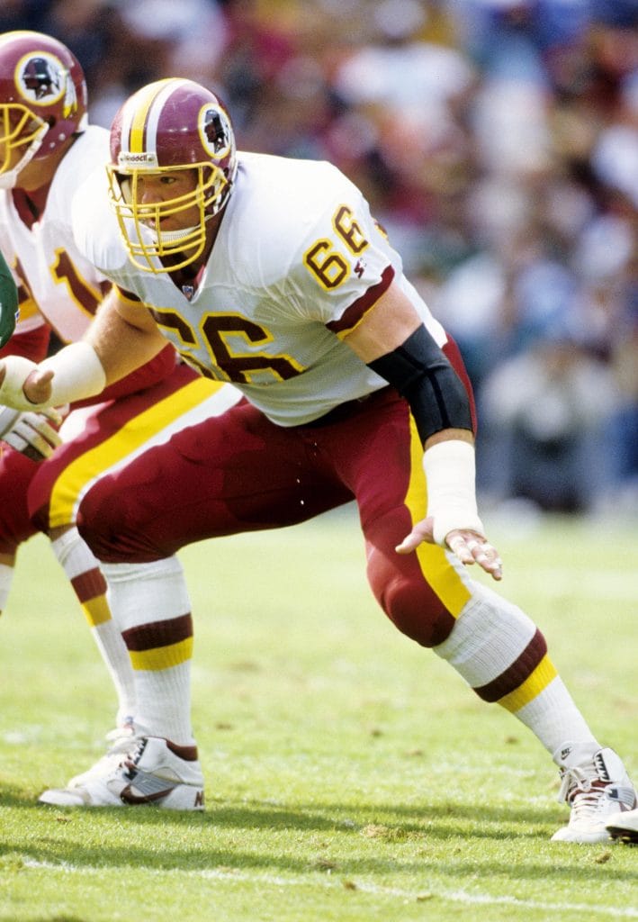 Joe Jacoby, one of the famous white football players, playing right tackle for the Washington Redskins.