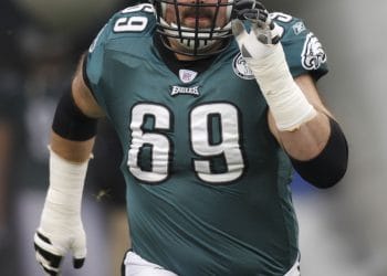 Jon Runyan in action for the Eagles, representing strength and skill for the top 10 white right tackles of all time.