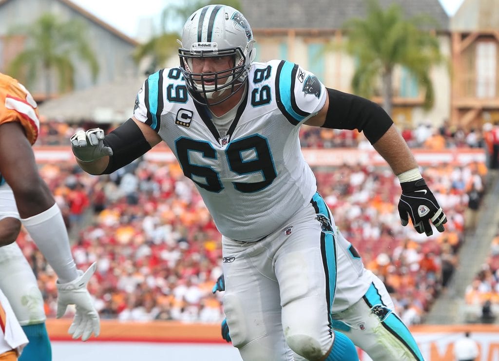 Jordan Gross in action for the Carolina Panthers during an NFL game.