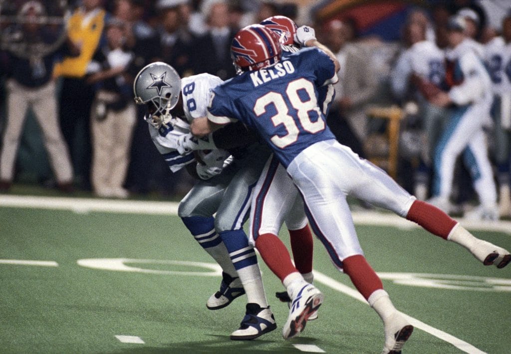 Mark Kelso of the Buffalo Bills making a tackle during a game.