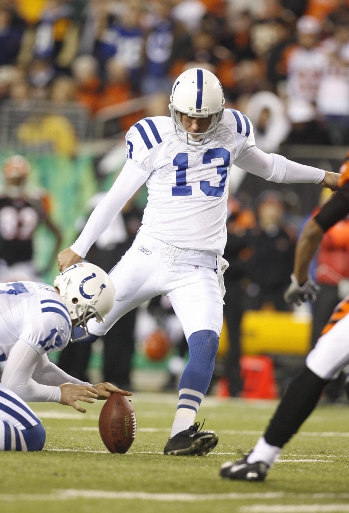Mike Vanderjagt kicking a field goal for the Indianapolis Colts.