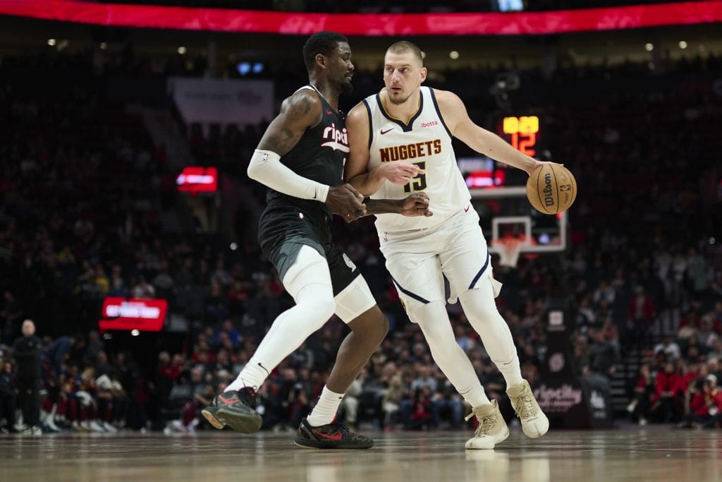 Nikola Jokic in action for the Denver Nuggets against the Portland Trail Blazers.