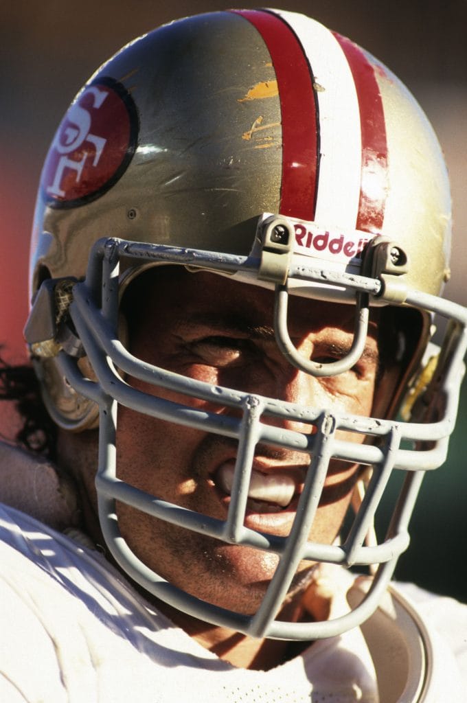 Close-up of Randy Cross during his time with the San Francisco 49ers, showcasing his focus on the field.