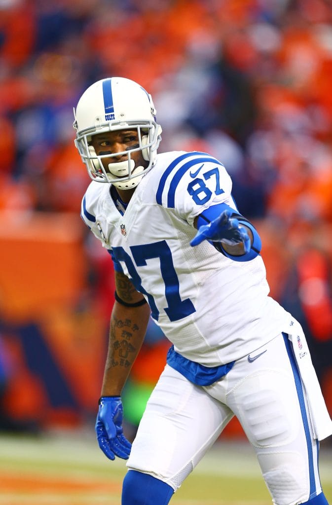 Reggie Wayne pointing on the field while playing for the Indianapolis Colts.