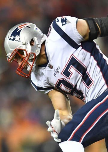 Rob Gronkowski celebrates a touchdown catch in a New England Patriots game.