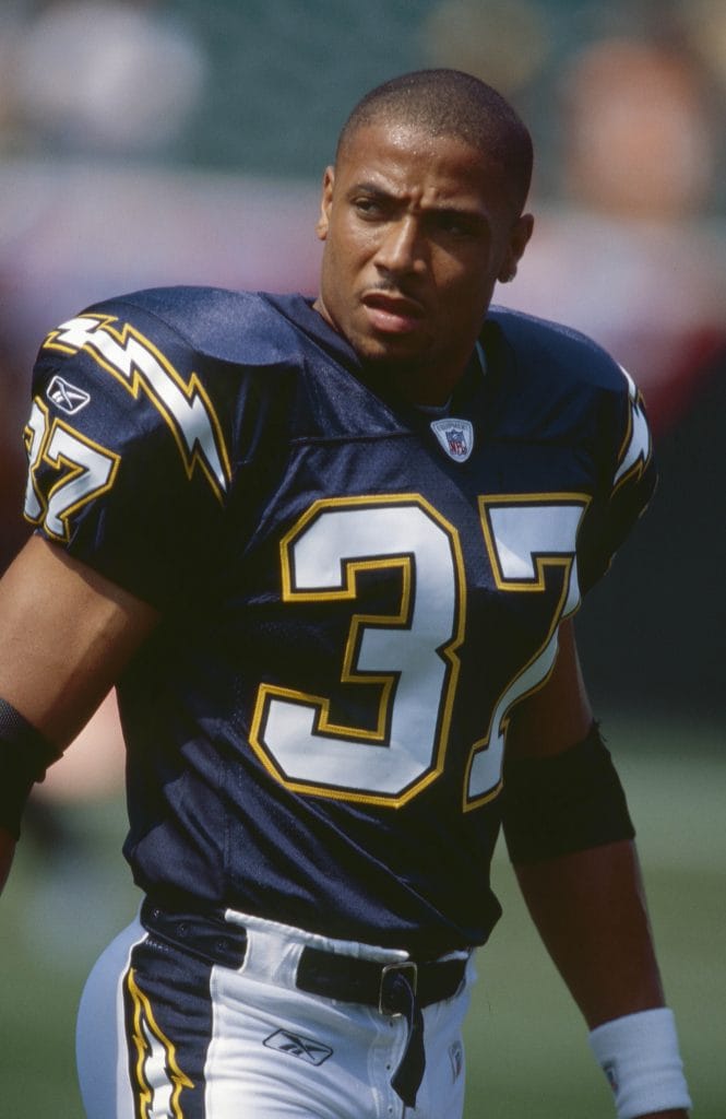 Rodney Harrison in a Chargers uniform, showcasing his impact as one of the Top 10 Los Angeles Chargers of All Time.