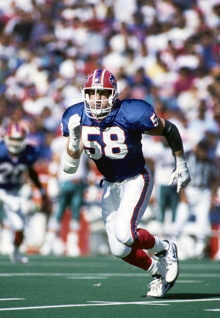 Shane Conlan of the Buffalo Bills in pursuit during an NFL game.