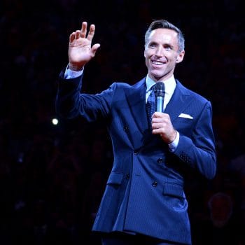 Steve Nash addresses the crowd at his retirement ceremony, showcasing his eloquence and deep understanding of the game.
