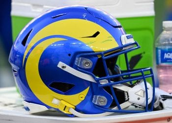 Close-up of a Los Angeles Rams helmet on the sideline, representing the Top 10 Los Angeles Rams of All Time and their storied legacy.