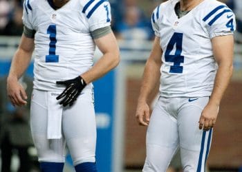 Adam Vinatieri and Pat McAfee on the sideline for the Colts, representing two of the top 10 white special team players of all time.