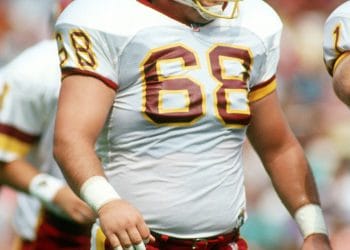 Russ Grimm, one of the Top 10 White Left Guards of All Time, representing the Washington Redskins during an NFL game.