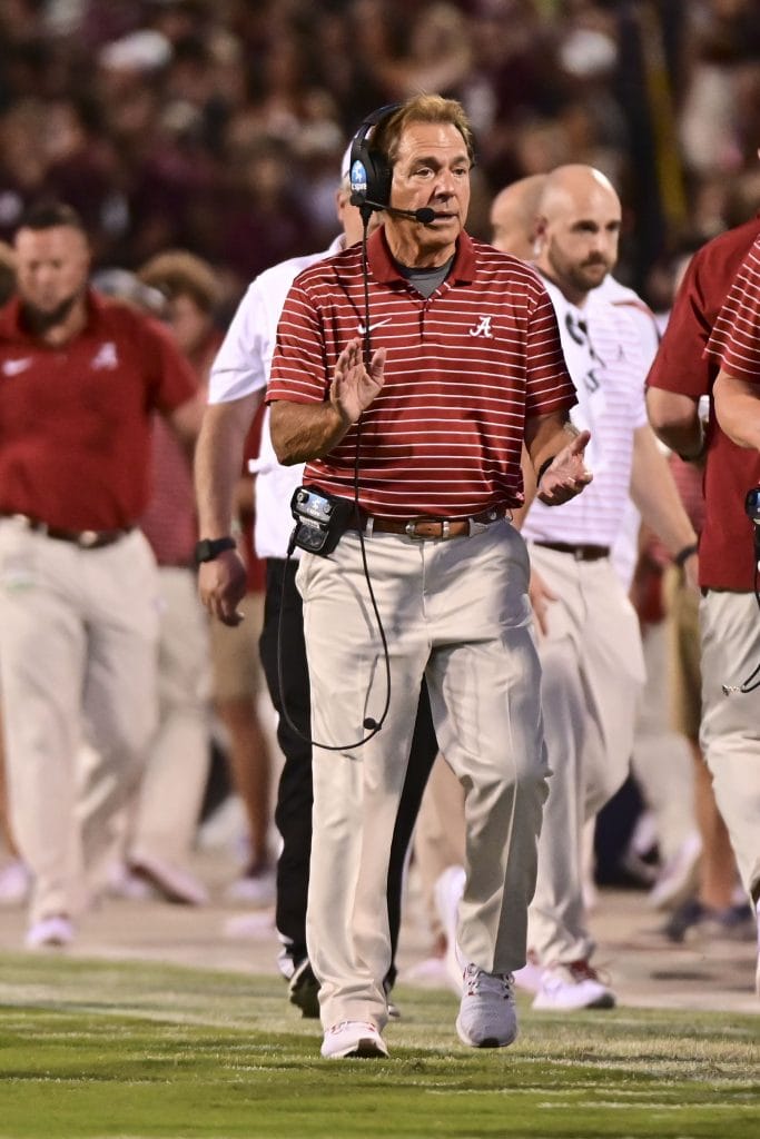 Nick Saban, considered the best white coach in college football history, leading the Alabama Crimson Tide to multiple championships.