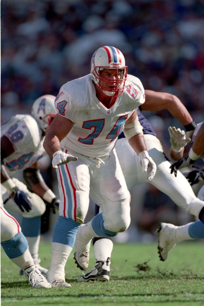 Bruce Matthews, widely regarded as one of the best white offensive linemen in NFL history, prepares for a play during his time with the Houston Oilers.