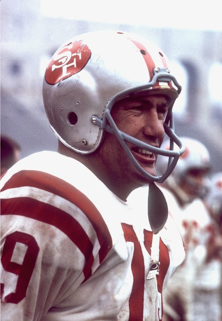 Bob St. Clair of the San Francisco 49ers on the sidelines, known as one of the best white football players and an elite offensive tackle in NFL history.