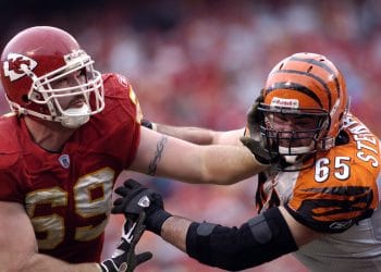 Jared Allen in action on the field, showcasing his dominance as one of the Top 10 White Defensive Linemen of All Time.