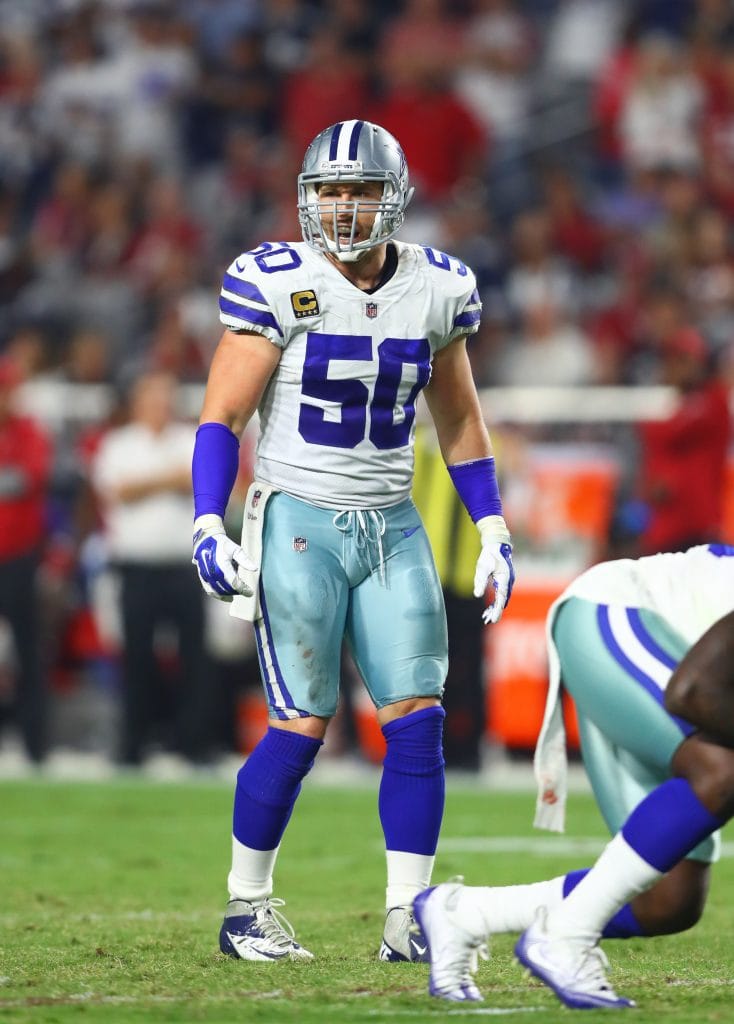 Sean Lee leading the Cowboys' defense, an iconic presence and one of the best white linebackers in NFL history.