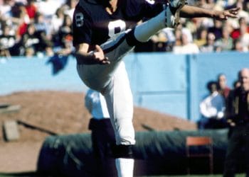 Ray Guy punting for the Raiders, representing one of the Top 10 White Punters of All Time.