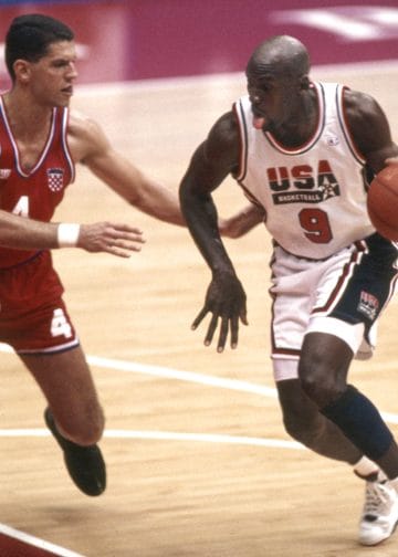 Drazen-Petrovic guarding Michael Jordan playing for Croatia in the 1992 Olympics
