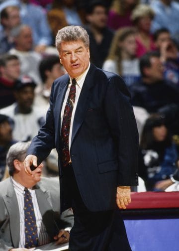 Chuck Daly pacing the sidelines — mastermind of the Bad Boys Pistons and one of the NBA's greatest coaches.