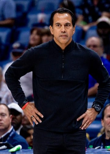 Erik Spoelstra on the sidelines — a modern tactician rising among the greatest NBA coaches of all time.