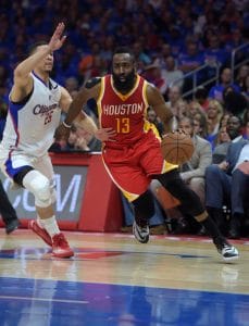James Harden drives to the basket past Austin Rivers of the Clippers – Top 10 Shooting Guards of All Time