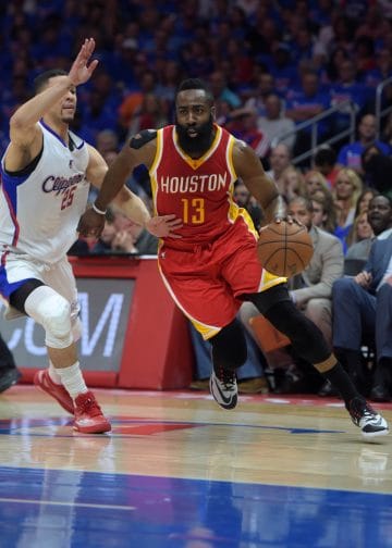 James Harden drives to the basket past Austin Rivers of the Clippers – Top 10 Shooting Guards of All Time